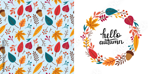 Hand drawn Autumn wreath for designing baby clothes. Postcard with autumn elements and fall seamless pattern. Cartoon Bohemian nursery print. Kids design texture for pajamas. Vector illustration