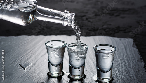 Photography Vodka in shot glasses pouring out of the bottle on black stone background, iced