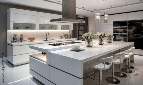 Photo of a modern kitchen with a spacious center island and a sleek stove top oven