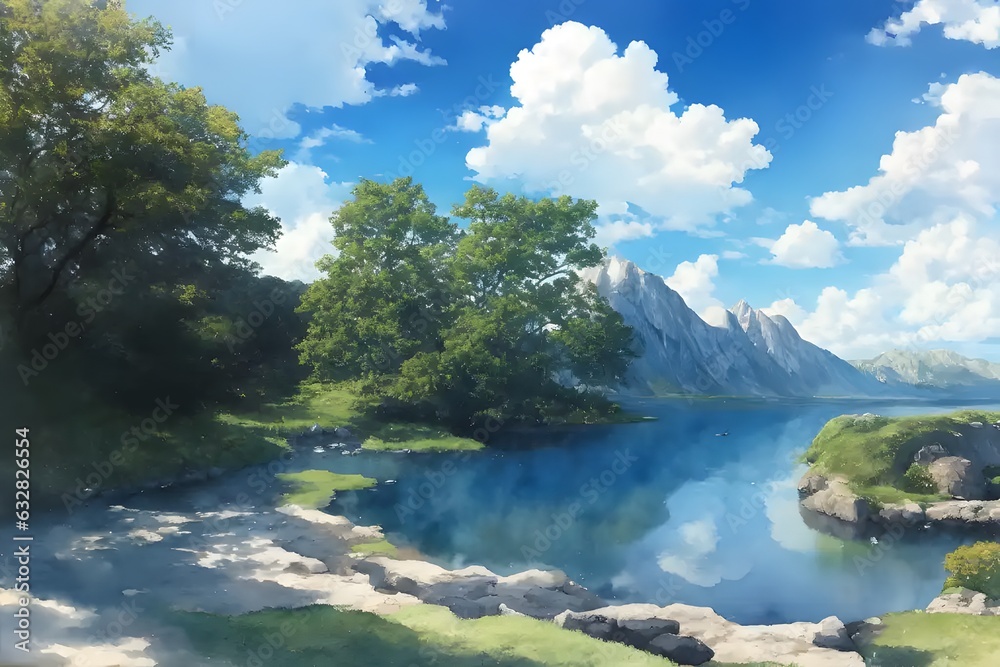青空と静かな渓流　田舎　水彩イラスト