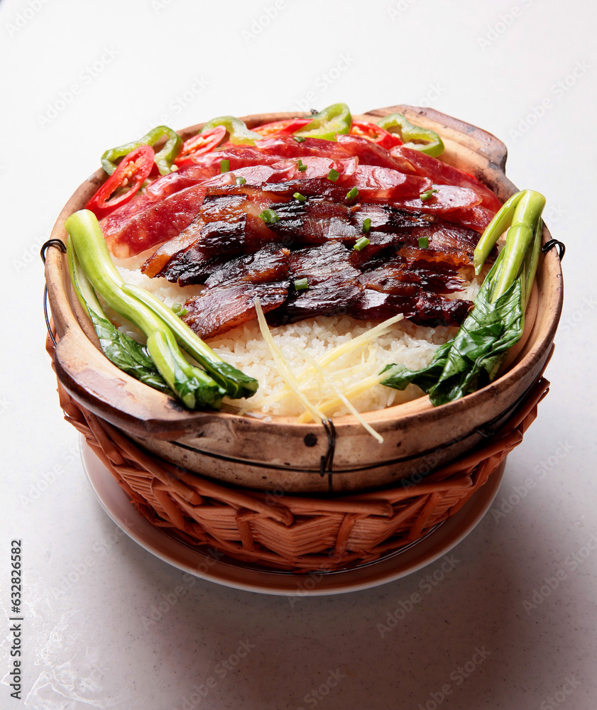 traditional local hot clay pot fried rice with chinese waxed meat ...