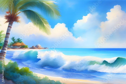 ヤシの木がある海の風景 背景素材 水彩イラスト