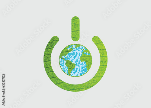 Planet Earth in power button with world map. Earth hour concept. Earth day concept. Vector illustration eco friendly design. Save the Earth concept.