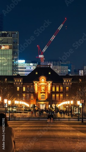 東京丸の内の夜景と行幸通りを行き交う人々のタイムラプス・ズームアウト / 縦構図動画