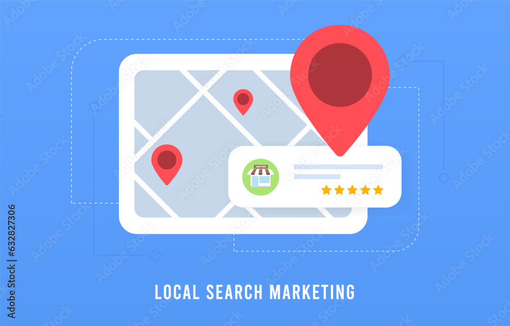 Local Search Marketing concept. Digital marketing based on location, customer ratings and reviews. Local SEO for small businesses. Listings with maps, red pins, and star ratings for nearby places - obrazy, fototapety, plakaty 