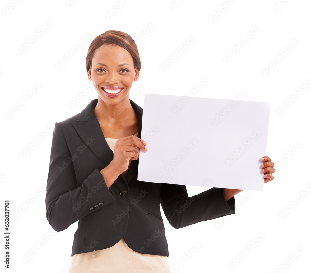 Happy black woman, portrait and billboard in advertising, presentation or message isolated on a transparent PNG background. African person smile with poster or sign in business marketing on mockup Happy black woman, portrait and billboard in advertising, presentation or message isolated on a transparent PNG background. African person smile with poster or sign in business marketing on mockup