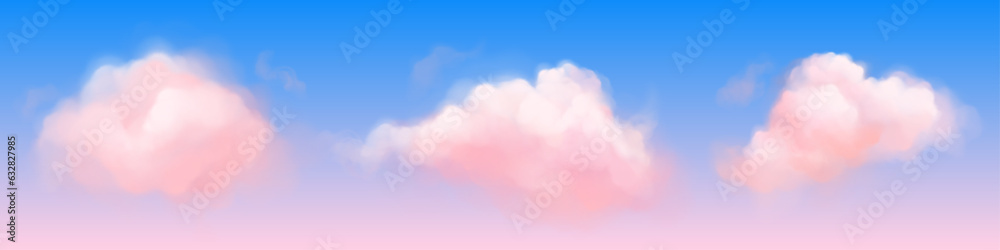 Fantasy background with pink clouds in sky. Abstract heaven texture with fluffy pastel clouds in blue sky at sunset. Cute 3d cotton candy, vector realistic illustration