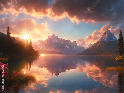 Sunrise over a lake in the high mountains  Epic landscape  Generative AI