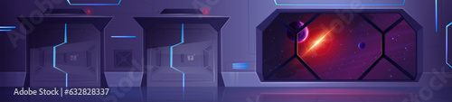 Futuristic metal spaceship interior with door and window background. 2d digital shuttle inside with sliding gate and closed viewport. Alien spacecraft with hallway room indoor cartoon illustration