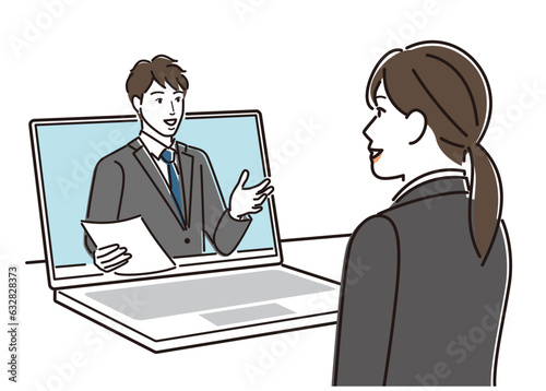 オンラインで男性と面接をする女性