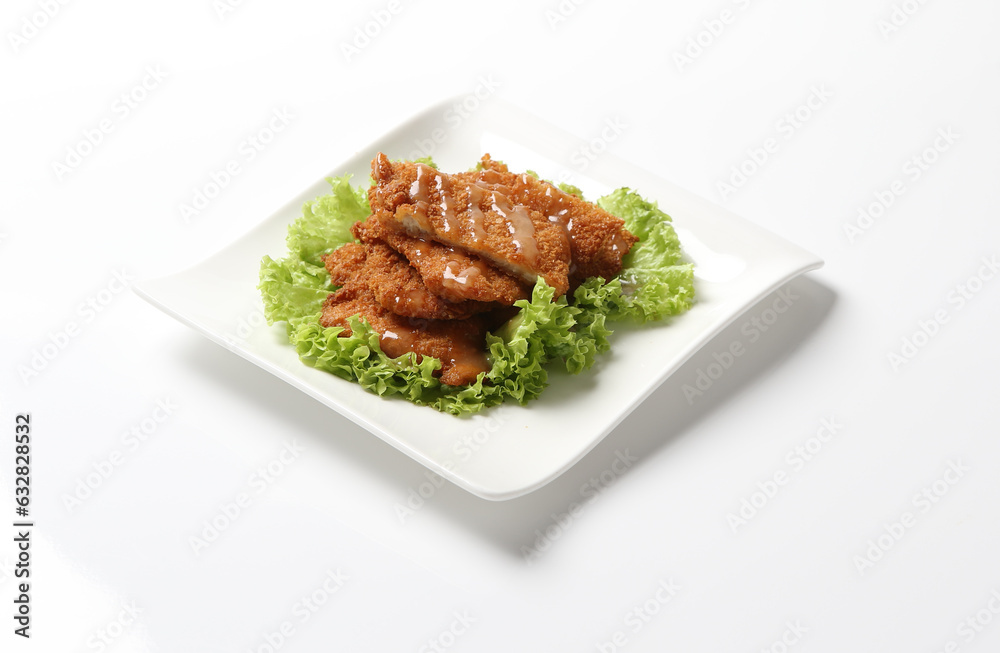 deep fried pork chop chicken with chef special mayonnaise cream sauce in plate on white background appetiser food dim sum snack halal menu for Hong Kong cafe deep fried pork chop chicken with chef special mayonnaise cream sauce in plate on white background appetiser food dim sum snack halal menu for Hong Kong cafe