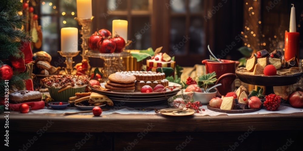 Show a photo of a festive table with various dishes and decorations for Christmas