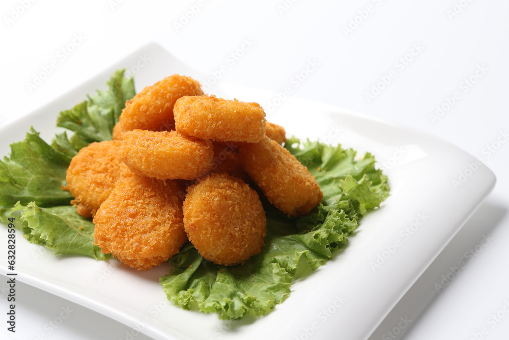 deep fried crispy golden scallops or chicken or fish nugget green salad in plate on white background design appetiser food dim sum snack halal menu for Hong Kong cafe deep fried crispy golden scallops or chicken or fish nugget green salad in plate on white background design appetiser food dim sum snack halal menu for Hong Kong cafe
