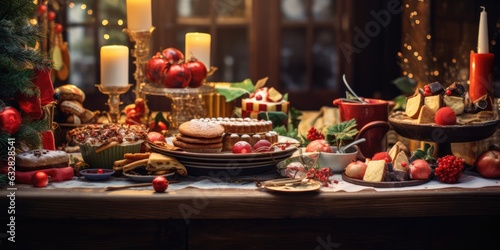Show a photo of a festive table with various dishes and decorations for Christmas