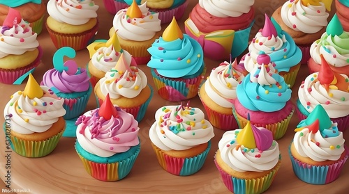 Table with birthday cupcakes. Colorful cupcakes for the party