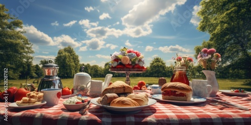 Create a picture of a traditional British tea at a picnic in the park.,