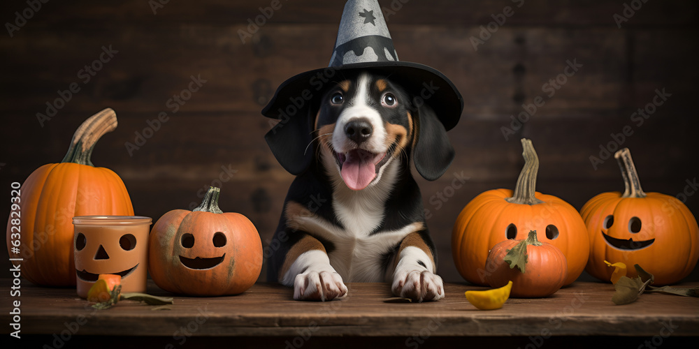 halloween pumpkin and hat, Funny puppy dog border collie in halloween hat witch costume holding pumpkin basket