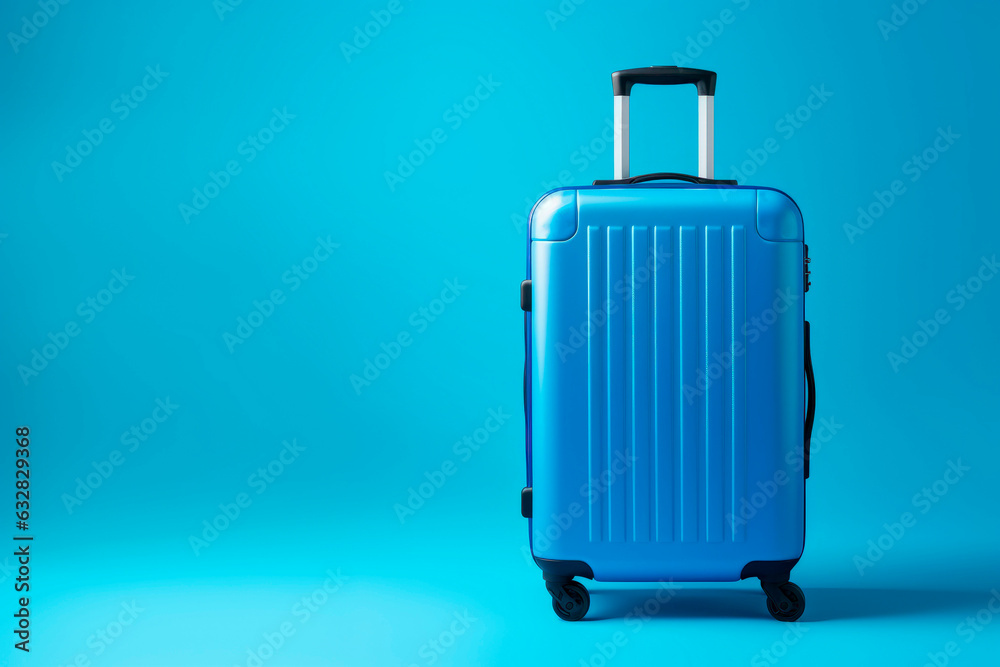 Blue suitcase on a blue background. Minimalism. Mockup. Blue suitcase on a blue background. Minimalism. Mockup.