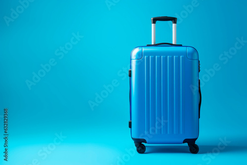 Blue suitcase on a blue background. Minimalism. Mockup.