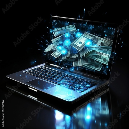 A laptop scattering money out of its monitor on black background depicts a successful online business. Generative AI
