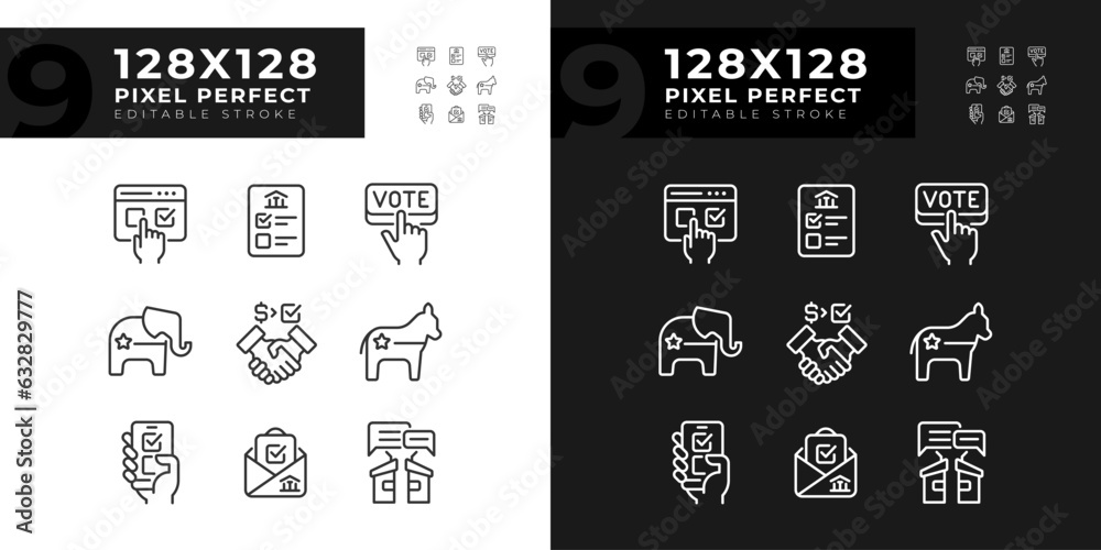 2D customizable pixel perfect dark and light theme icons set representing voting, day and night mode vector illustration of politics and election. 2D customizable pixel perfect dark and light theme icons set representing voting, day and night mode vector illustration of politics and election.