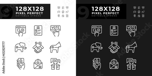 2D customizable pixel perfect dark and light theme icons set representing voting, day and night mode vector illustration of politics and election.