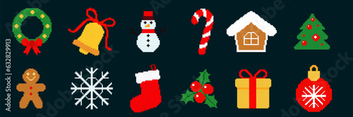 Collection of Christmas icon in pixel art style. Pixel Christmas icon. Pixel art Christmas elements clip art pack. Vector illustration.