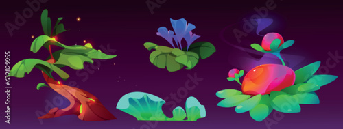 Set of magic tree and flowers isolated on dark background. Vector cartoon illustration of neon color fairytale plants, fantastic tropical garden flora, mushrooms and fireflies, alien planet nature