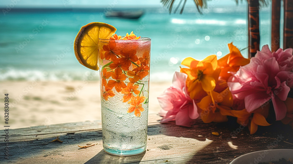 beautiful drinks with flowers on the beach background with relaxing and fun sunny days at the sea, sand, sky, beach ; summer vacation holiday theme for your design projects