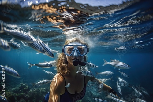 a girl swims underwater with fish