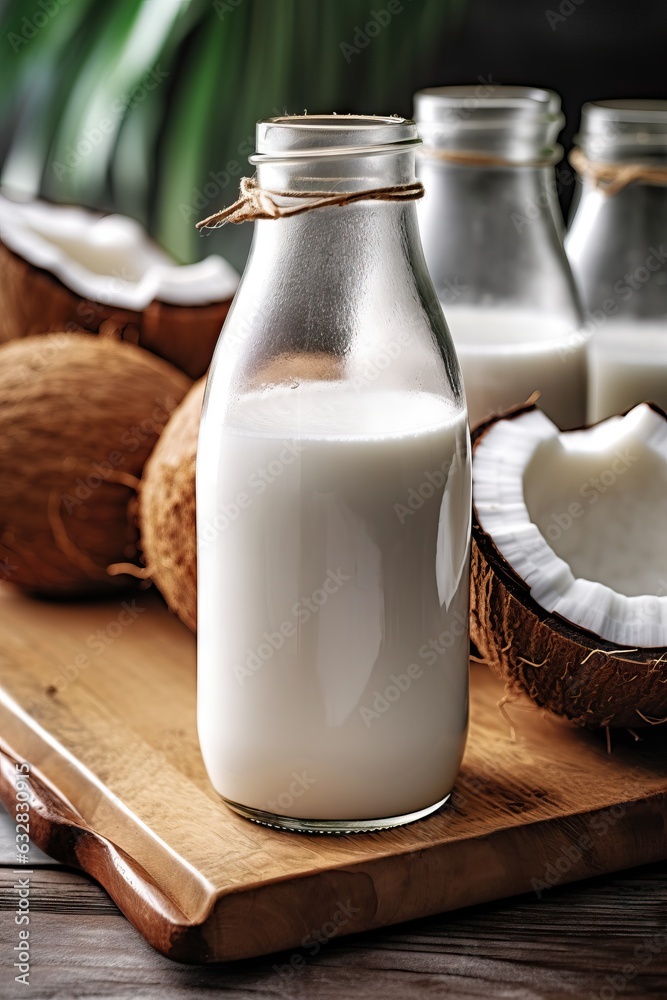 Fresh coconut milk in glass bottle, vegan non dairy healthy drink. Fresh coconut milk in glass bottle, vegan non dairy healthy drink.