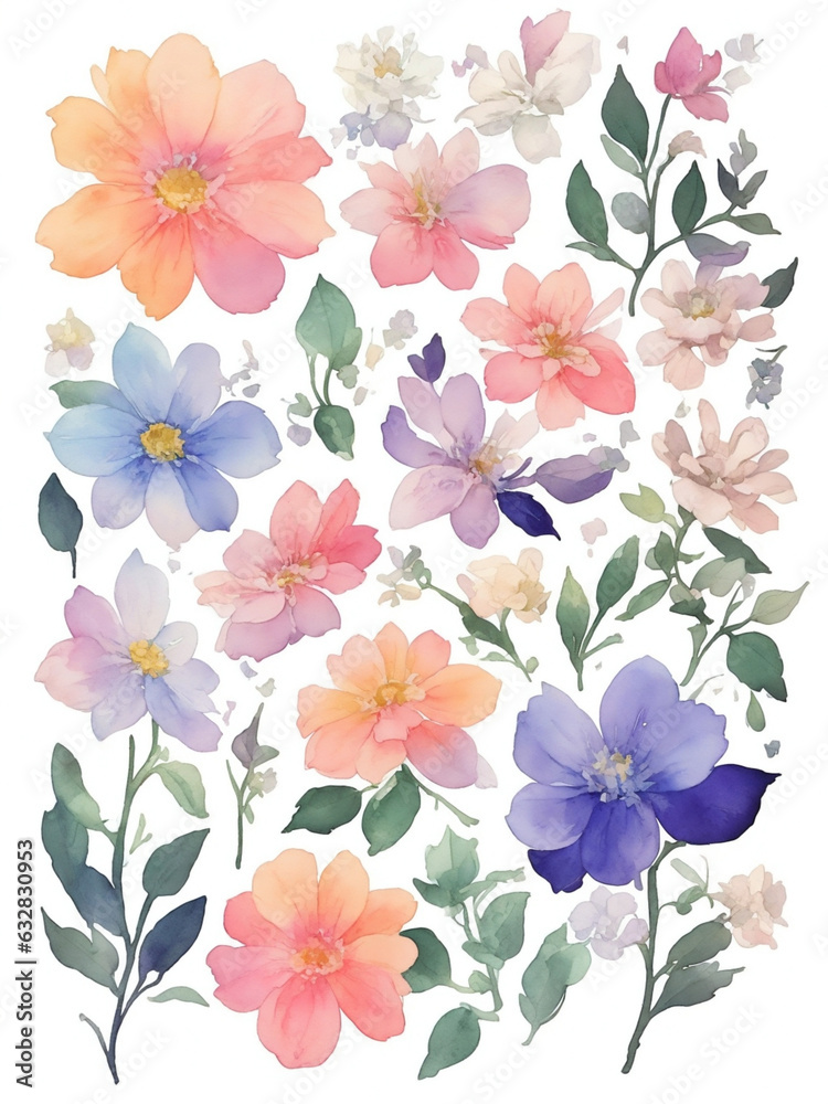 Watercolor flowers on a white background without shadows for illustration.