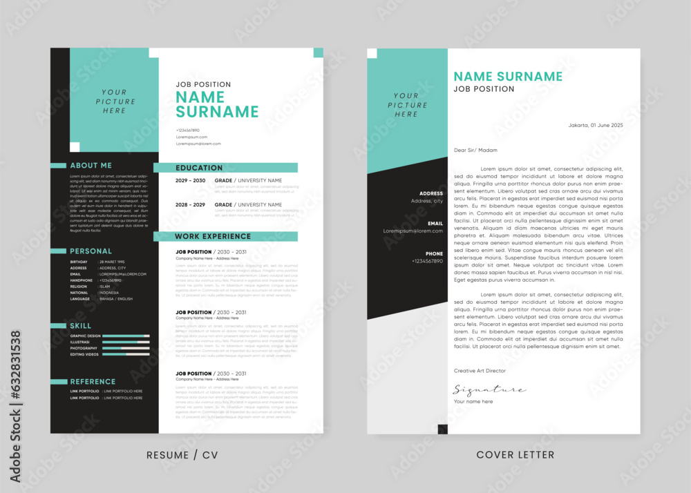 Minimalist CV Resume and Cover Letter Design Template. Curriculum Vitae Clean and Clear Professional Modern Design. Stylish Minimalist Elements and Icons with blue cyan, and black Colors.