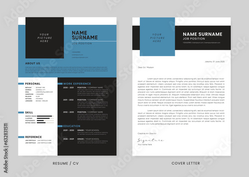 Minimalist CV Resume and Cover Letter Design Template. Curriculum Vitae Clean and Clear Professional Modern Design. Stylish Minimalist Elements and Icons with blue, and black Colors - Vector Template.