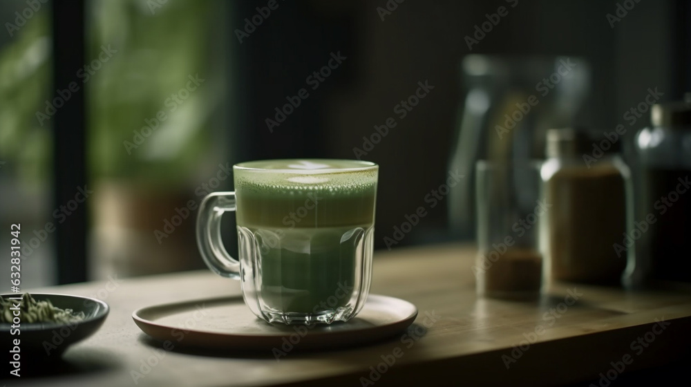 Green tea cup on table with coffee shop background in the morning mood collection of beverage, coffee theme