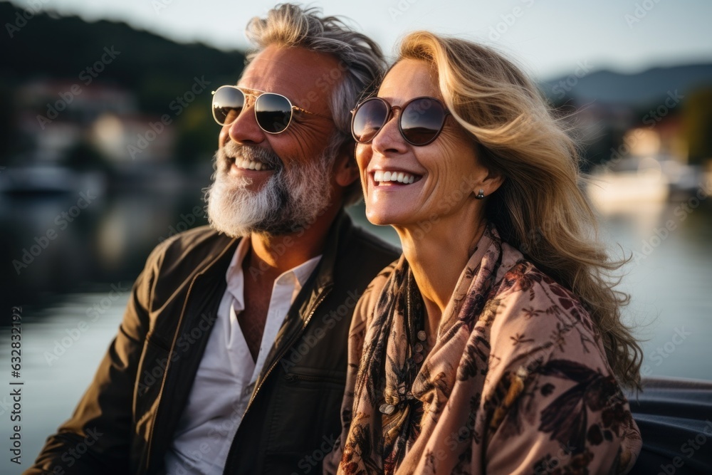 Caucasian perfect couple sitting on yacht deck while sailing in the sea. Luxury travel concept. People vacation concept Caucasian perfect couple sitting on yacht deck while sailing in the sea. Luxury travel concept. People vacation concept