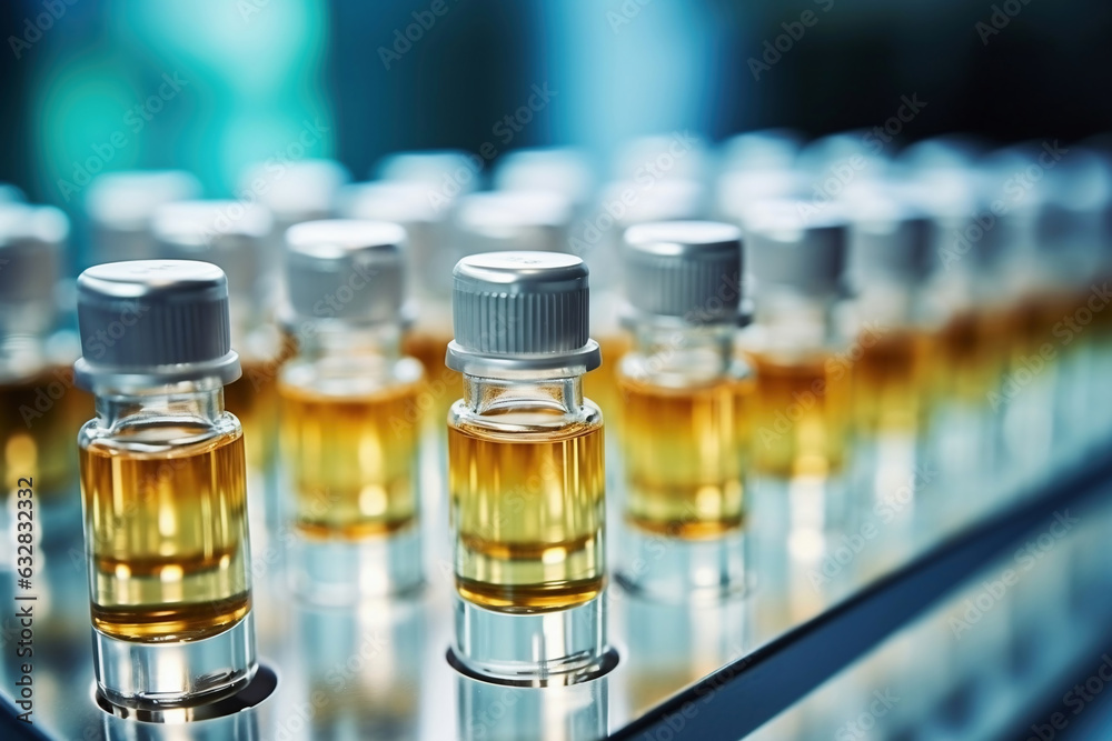 Glass vials for liquid samples. Laboratory equipment for dispensing fluid samples. Shallow depth of field. Glass vials for liquid samples. Laboratory equipment for dispensing fluid samples. Shallow depth of field.