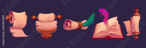 Magic game scroll parchment and paper book ui icon. Medieval treasure papyrus map fantasy vector element cartoon set. Isolated ancient witchcraft school or library rolled manuscript for mail message