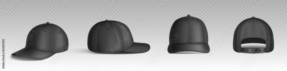 Black isolated baseball cap vector mockup template. 3d realistic hat ...