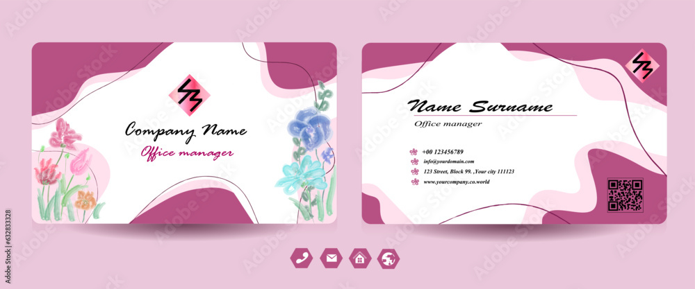 Creative Business Card Template Design, Name card , Floral pink and white name card, watercolor style