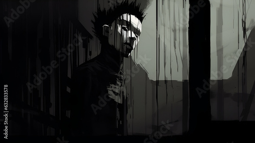 High contrast black and white of an emotional spiky hair man with his face illuminated by light, bitter emotional discord
