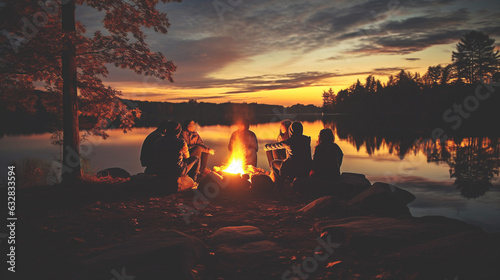 Group of friends rest near fire on lake, faint silhouettes of surrounding trees. Candid and heartwarming atmosphere, evoking the essence of autumn camping rest in wild. Banner. Generative Ai content.
