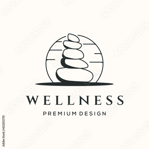 wellness stone nature vintage line art logo vector minimalist illustration design, sunlight view wellness stone logo design