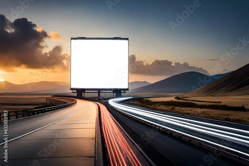 billboard at sunset, Blank white billboard on the background of the highway a...
