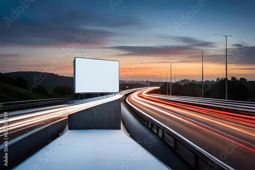 Blank white billboard on the background of the highway at evenin.