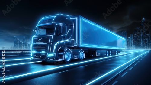 Truck Driving on the Road with Sensors Scanning, Futuristic Autonomous Truck, Self Driving Truck. Generative Ai