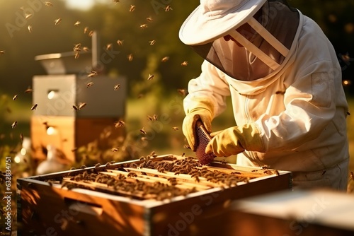 Beekeeper is working with bees in apiary photo