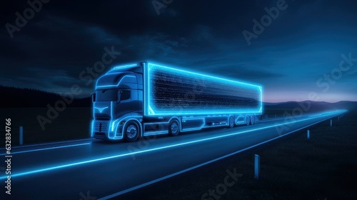 Truck Driving on the Road with Sensors Scanning, Futuristic Autonomous Truck, Self Driving Truck. Generative Ai © CYBERUSS