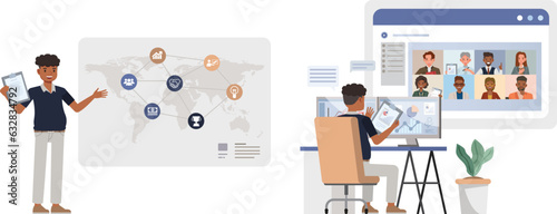 Set of office man wear blue shirt character vector design. Presentation in various action. People working in office planning, thinking and economic analysis. Businessman on isolated white background i
