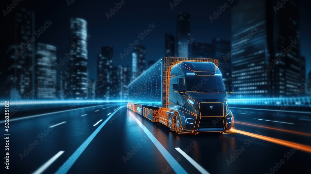 Fototapeta premium Truck Driving on the Road with Sensors Scanning, Futuristic Autonomous Truck, Self Driving Truck. Generative Ai